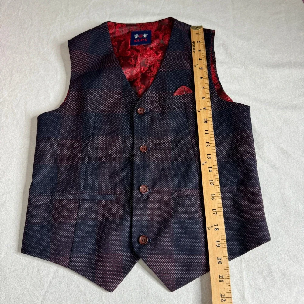 ELPA Boys‎ 2 Piece Formal Plaid Blazer and Vest Set Navy Burgundy Kids Size 18